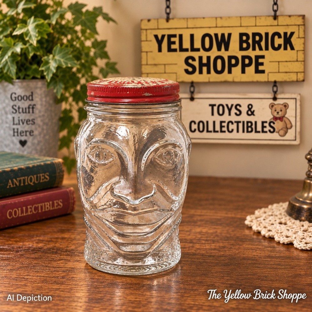 Vintage 1930s Nash Lucky Joe Glass Face Coin Bank Mustard Jar Original Lid